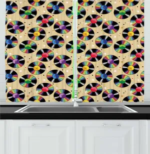 Lunarable Record Kitchen Curtains, Colorful Vinyl Musical Notes Feel Tunes Turntable Disco Party Composition, Window Drapes 2 Panel Set for Kitchen Cafe Decor, 55" x 24", Beige and Multicolor