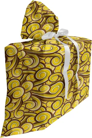 Lunarable Yellow and Brown Gift Bag, Swirled Retro Circles in Earthen Toned Curves Old Fashioned Pattern, Fabric Party Favor Pouch with 3 Ribbons, 27, Chocolate Khaki