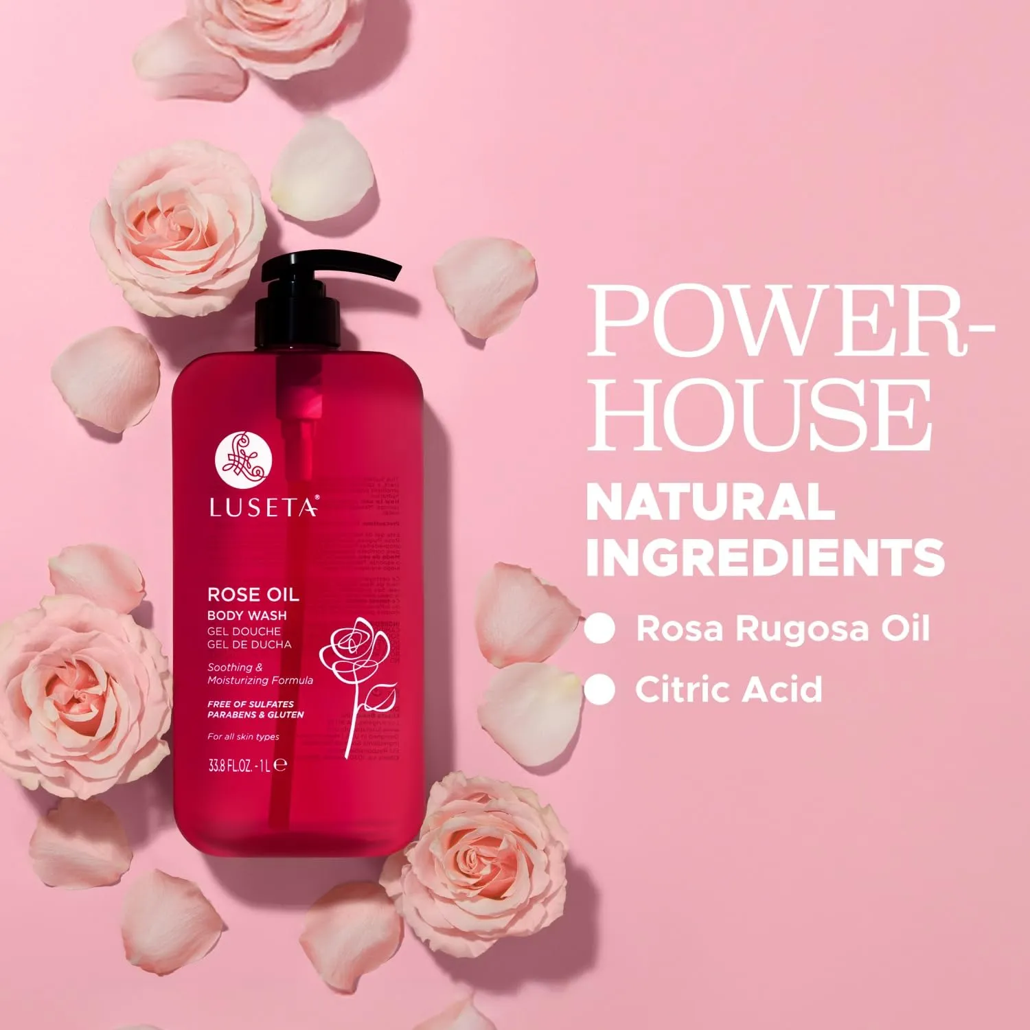 Luseta Rose Oil Body Wash Hydrating Moisturizing Shower Gel Cleansing and Nourishing for Dry Skin for Women & Men Sulfate-Free 33.8oz