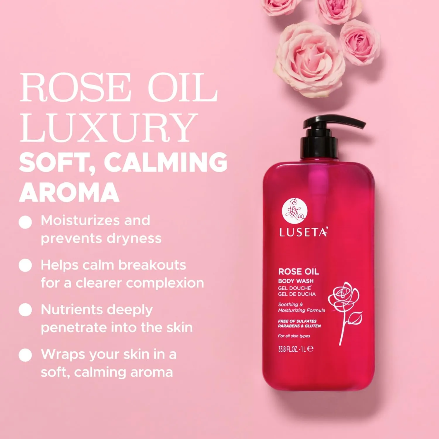 Luseta Rose Oil Body Wash Hydrating Moisturizing Shower Gel Cleansing and Nourishing for Dry Skin for Women & Men Sulfate-Free 33.8oz