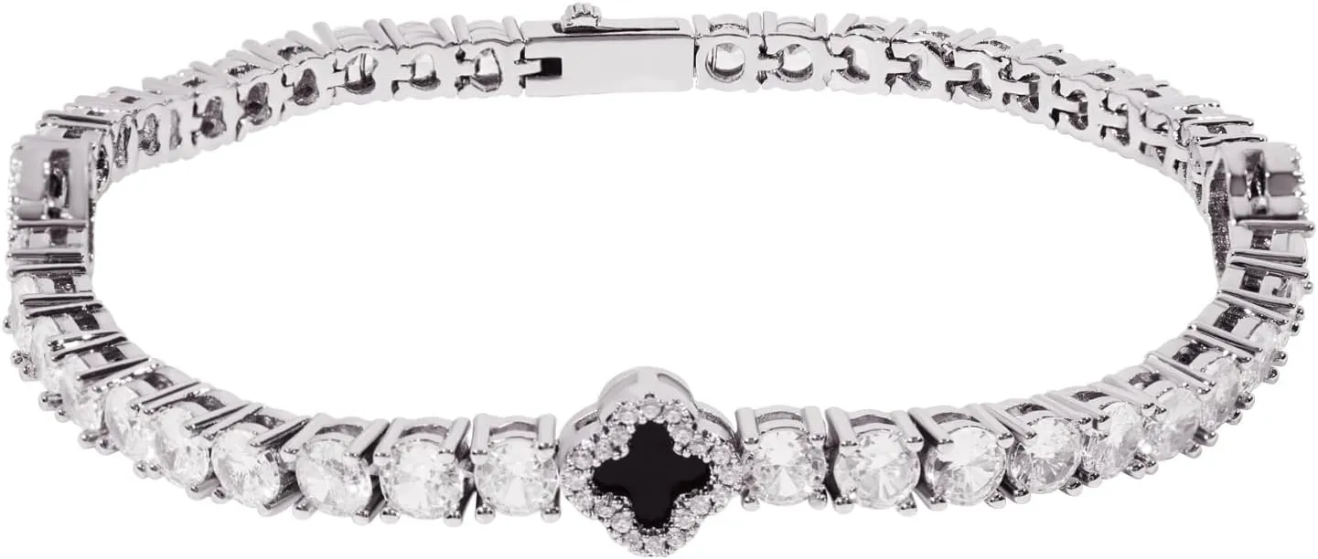 LuxeFlex 4mm Iced Out Four Leaf Tennis Bracelet, White Gold Plated with 5A Zircon Stones, Handmade exquisite Hip Hop Jewelry, Perfect Unisex Gift