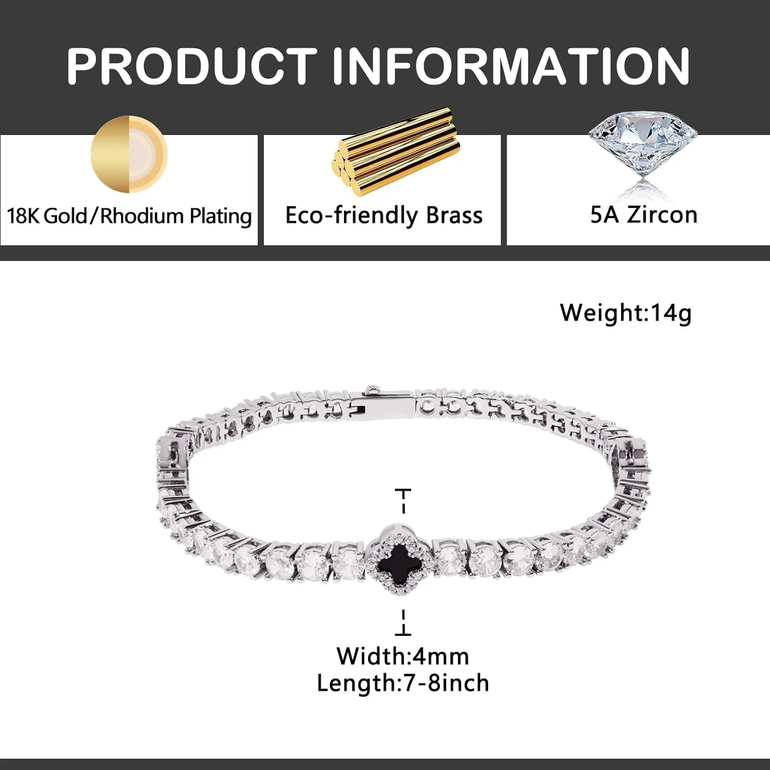 LuxeFlex 4mm Iced Out Four Leaf Tennis Bracelet, White Gold Plated with 5A Zircon Stones, Handmade exquisite Hip Hop Jewelry, Perfect Unisex Gift