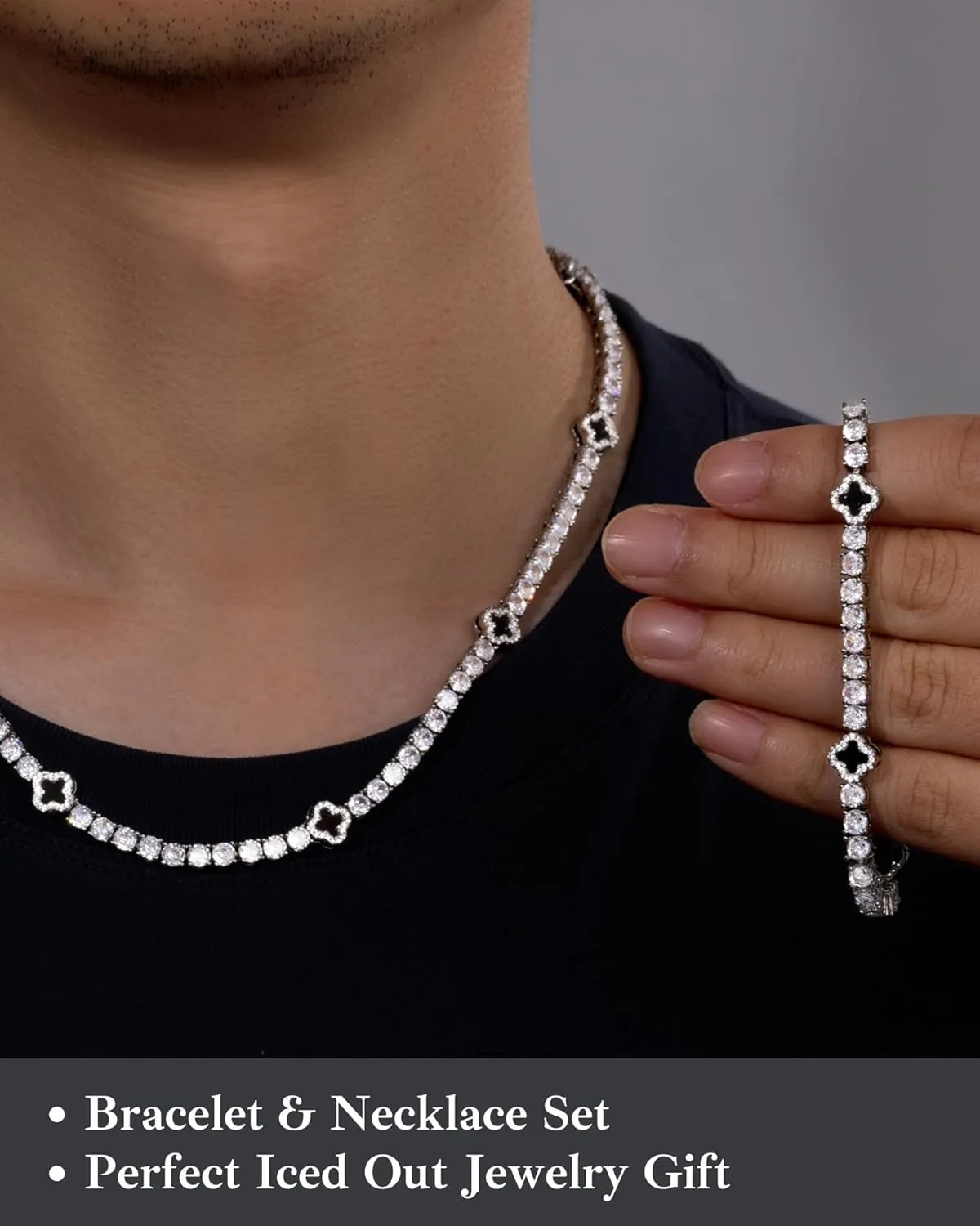 LuxeFlex 4mm Iced Out Four Leaf Tennis Bracelet, White Gold Plated with 5A Zircon Stones, Handmade exquisite Hip Hop Jewelry, Perfect Unisex Gift