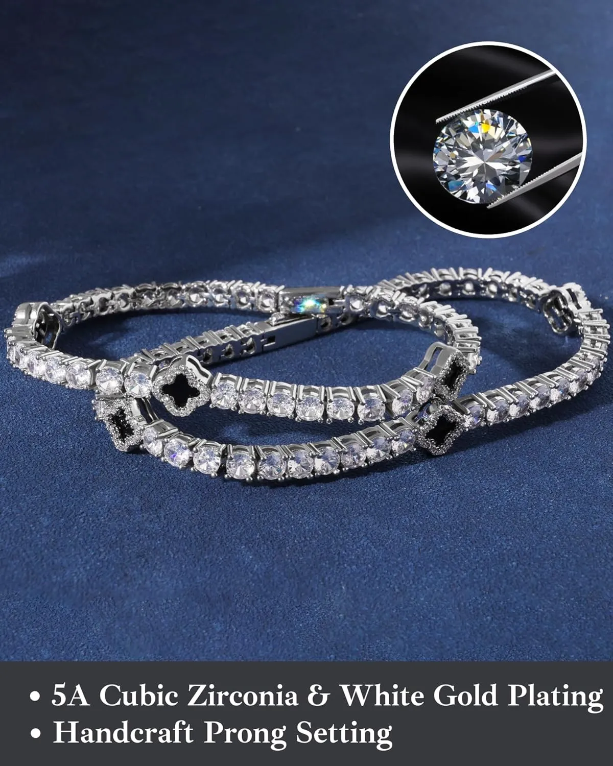 LuxeFlex 4mm Iced Out Four Leaf Tennis Bracelet, White Gold Plated with 5A Zircon Stones, Handmade exquisite Hip Hop Jewelry, Perfect Unisex Gift