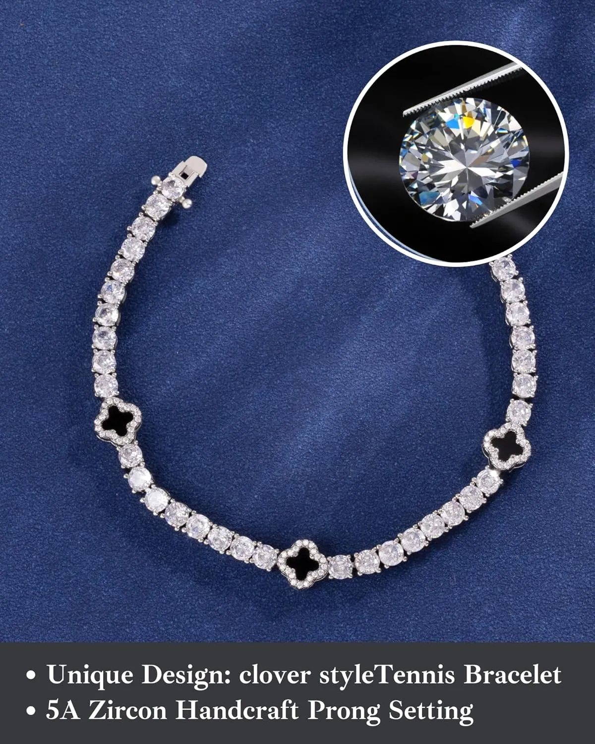 LuxeFlex 4mm Iced Out Four Leaf Tennis Bracelet, White Gold Plated with 5A Zircon Stones, Handmade exquisite Hip Hop Jewelry, Perfect Unisex Gift