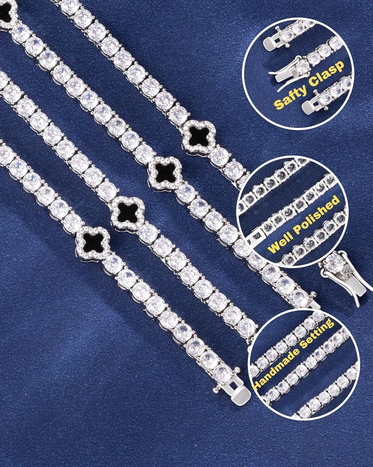 LuxeFlex 4mm Iced Out Four Leaf Tennis Bracelet, White Gold Plated with 5A Zircon Stones, Handmade exquisite Hip Hop Jewelry, Perfect Unisex Gift