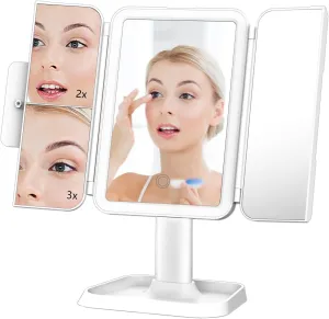 Makeup Mirror with Lights, 1x/2x/3x Magnifying Mirror 3 Color Lighting Modes 72 LED Trifold Lighted Makeup Mirror, Portable Cosmetic Mirror