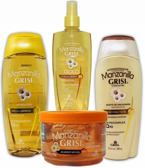 Manzanilla Grisi Premium Bathroom Bundle - Styling Gel, Gold Lightener and Detangler, and a Chamomile Conditioner   Shampoo Set