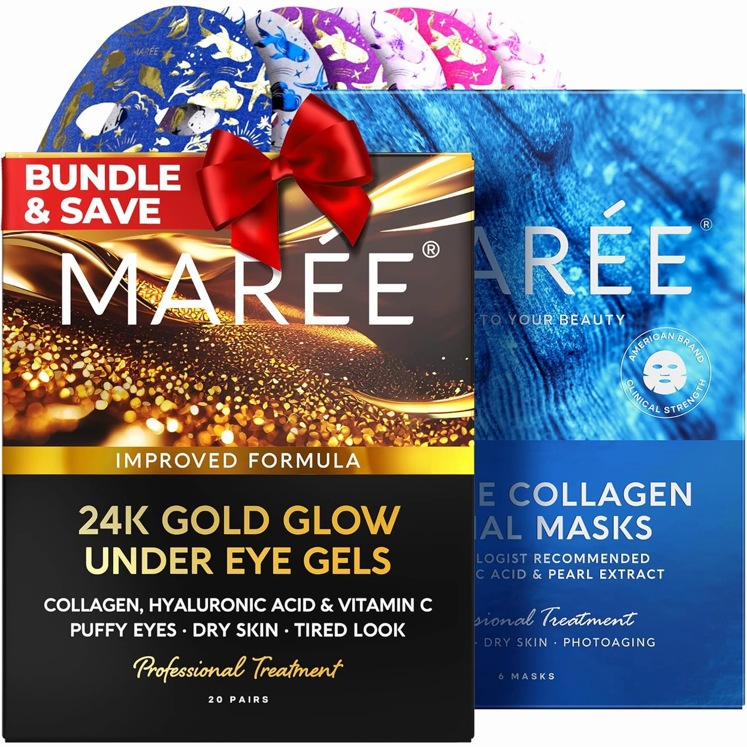 MAREE Ultimate Eye and Face Revitalization Bundle - 24K Gold Under Eye Patches & Collagen Facial Masks for Ageless Beauty for Total Skin Rejuvenation