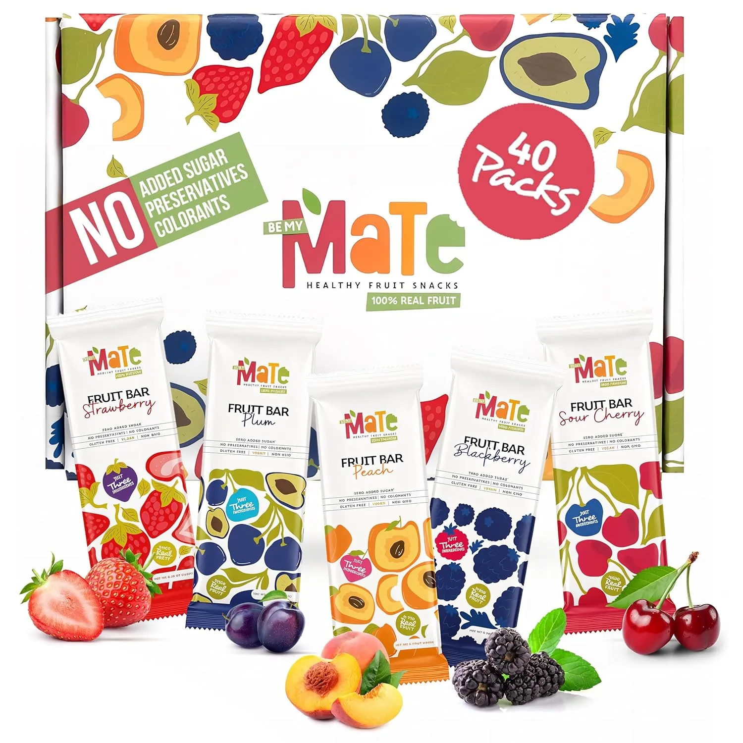 Mate Fruit Bars Variety Pack (40 Pack) - 100% Natural Real Fruit Snacks for Adults and Kids, Healthy Snacks Gluten-Free & Vegan & Non GMO & Kosher - Zero Added Sugar, No Preservatives and No Colorant