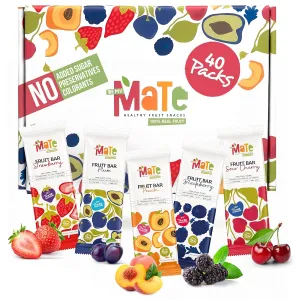 Mate Fruit Bars Variety Pack (40 Pack) - 100% Natural Real Fruit Snacks for Adults and Kids, Healthy Snacks Gluten-Free & Vegan & Non GMO & Kosher - Zero Added Sugar, No Preservatives and No Colorant