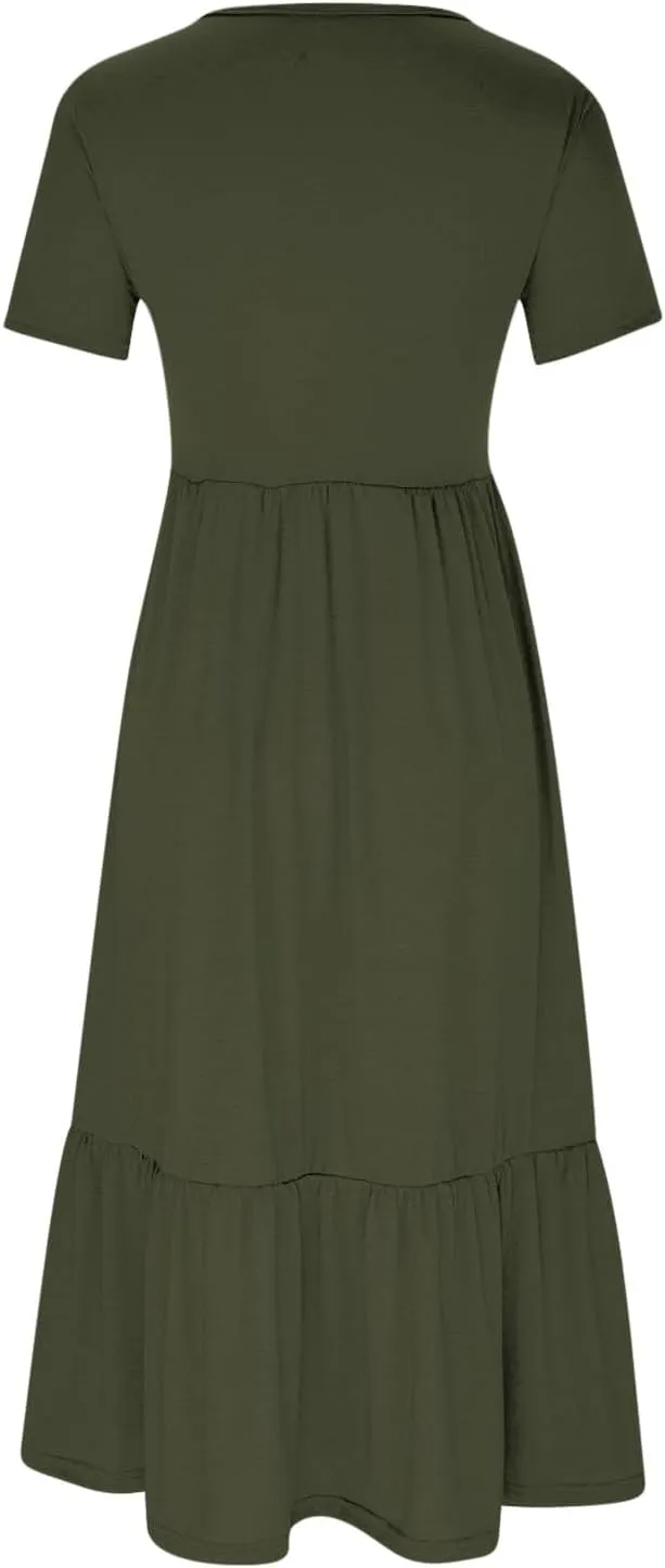 Maxi Dresses for Women 2024 Casual Short Sleeve Solid Ruffle Long Dress Summer Beach Tiered Pleated Party Sundress