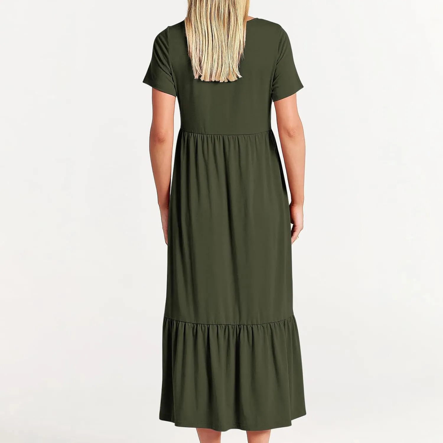 Maxi Dresses for Women 2024 Casual Short Sleeve Solid Ruffle Long Dress Summer Beach Tiered Pleated Party Sundress