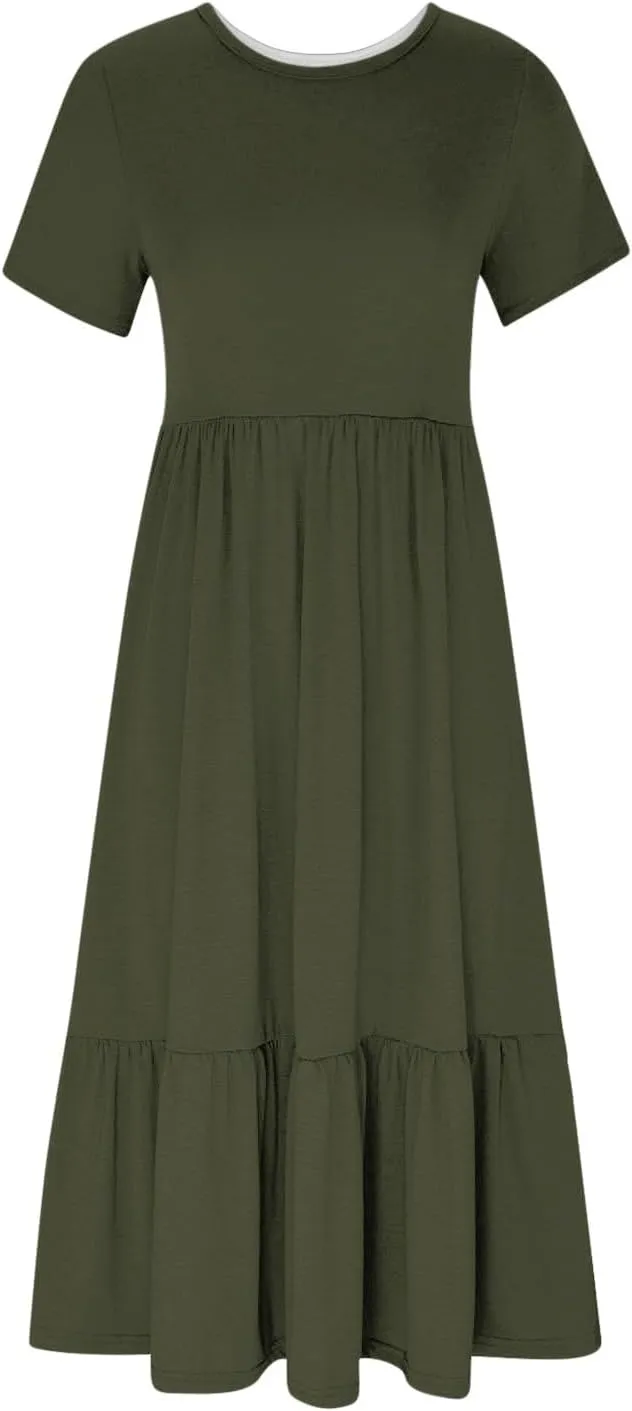 Maxi Dresses for Women 2024 Casual Short Sleeve Solid Ruffle Long Dress Summer Beach Tiered Pleated Party Sundress