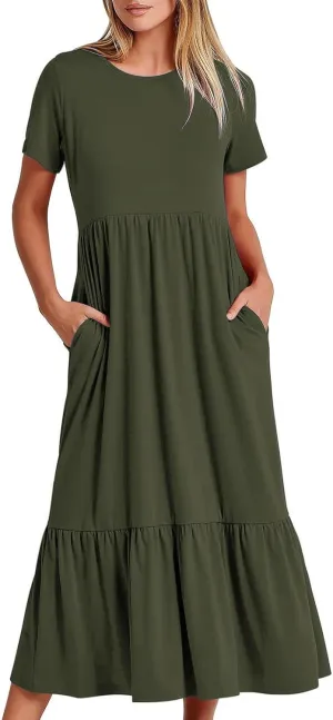 Maxi Dresses for Women 2024 Casual Short Sleeve Solid Ruffle Long Dress Summer Beach Tiered Pleated Party Sundress