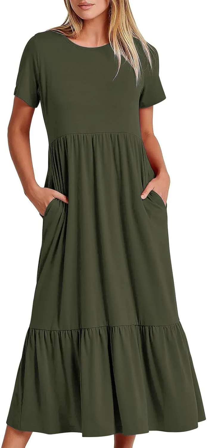 Maxi Dresses for Women 2024 Casual Short Sleeve Solid Ruffle Long Dress Summer Beach Tiered Pleated Party Sundress