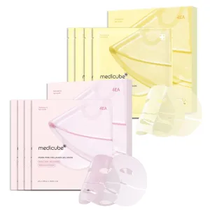 medicube Color-Changing Jelly Mask Set For Uneven Skin Tone & Radiant Glow: Salmon DNA PDRN pink collagen jelly gel mask (4ea) and Kojic Acid Turmeric Brightening Gold Jelly Gel Mask (4ea)