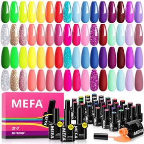 MEFA 35 Pcs Gel Nail Polish Set, 32 Colors Summer Neon Rainbow Bright Gel Nail Polish Yellow Hot Pink Nail Art Manicure DIY Decoration Beginners Salon Home Gift for Women