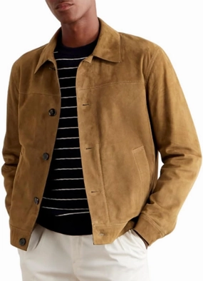 Men Beige Suede Leather Jacket Basic Style Button Closure Gift for him on Anniversary BM028