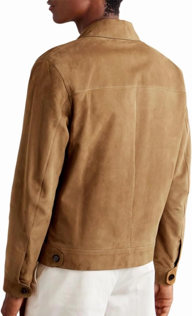 Men Beige Suede Leather Jacket Basic Style Button Closure Gift for him on Anniversary BM028