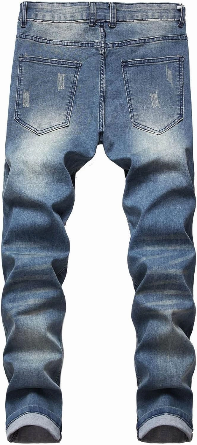 Men's Ripped Jeans Casual Stretch Button Zipper Pants with Pockets Relaxed Fit Denim Pants Boys Trendy Streetwear Jeans