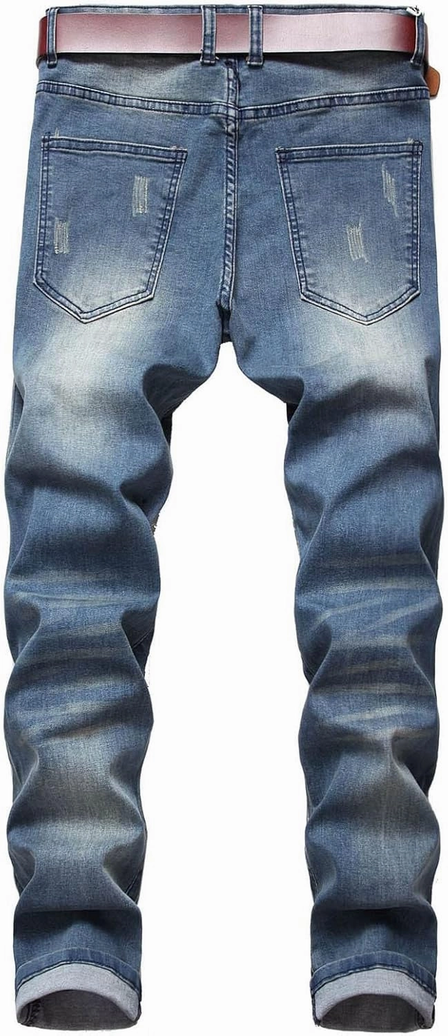 Men's Ripped Jeans Casual Stretch Button Zipper Pants with Pockets Relaxed Fit Denim Pants Boys Trendy Streetwear Jeans