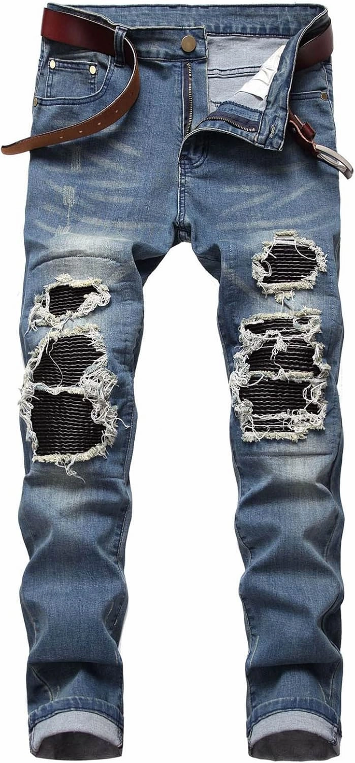 Men's Ripped Jeans Casual Stretch Button Zipper Pants with Pockets Relaxed Fit Denim Pants Boys Trendy Streetwear Jeans