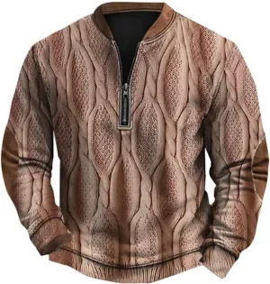 Mens 1/4 Zip Pullover Sweatshirts Long Sleeve Band Collar Knit Pattern Sweaters Casual Athletic Graphic Tee Shirts