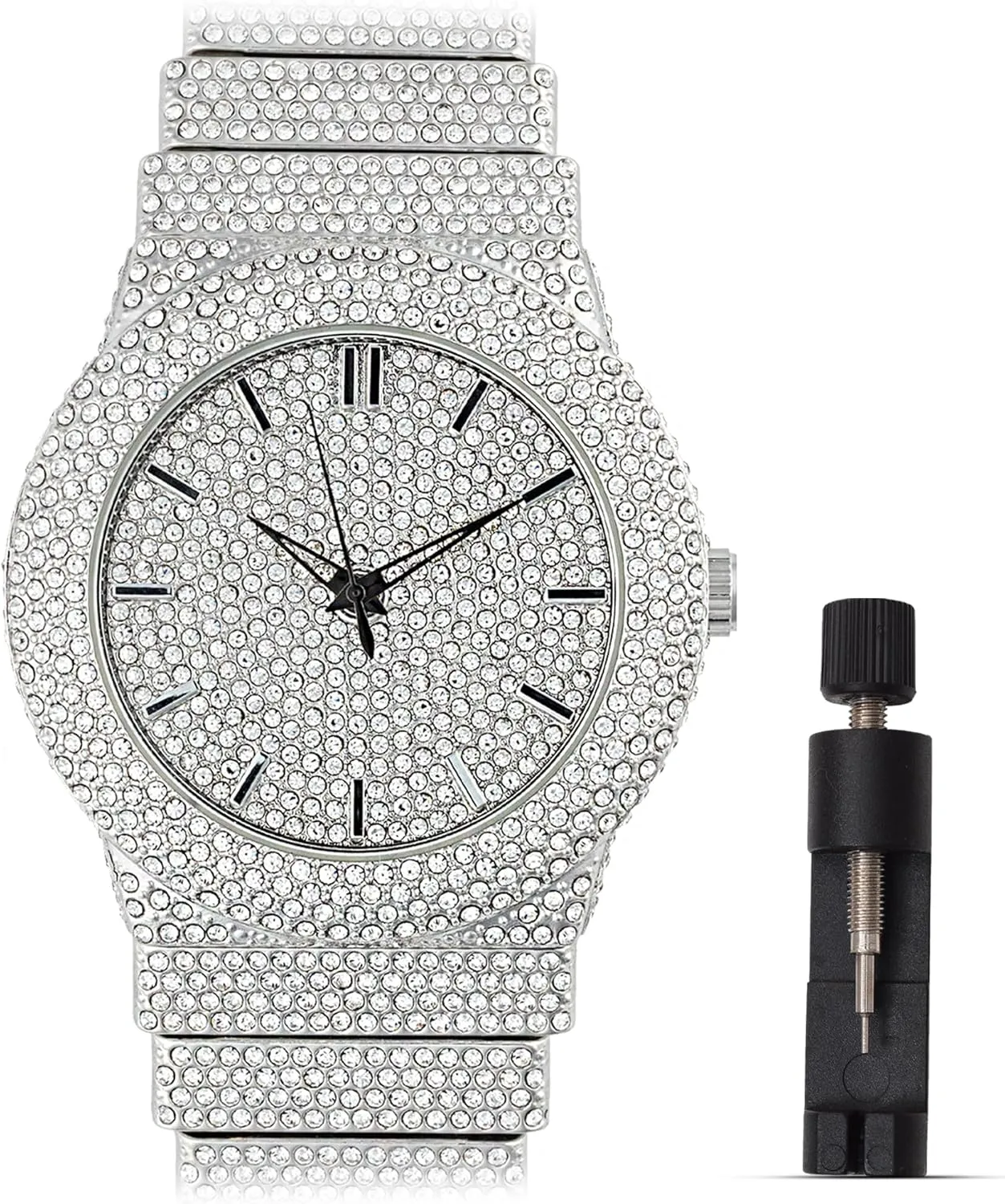 Men's 18K Gold Silver Plated Luxury Watch, 46MM Round Iced Bezel with Roman Numerals, Lab Diamonds, Quartz Movement, Gift Box Included
