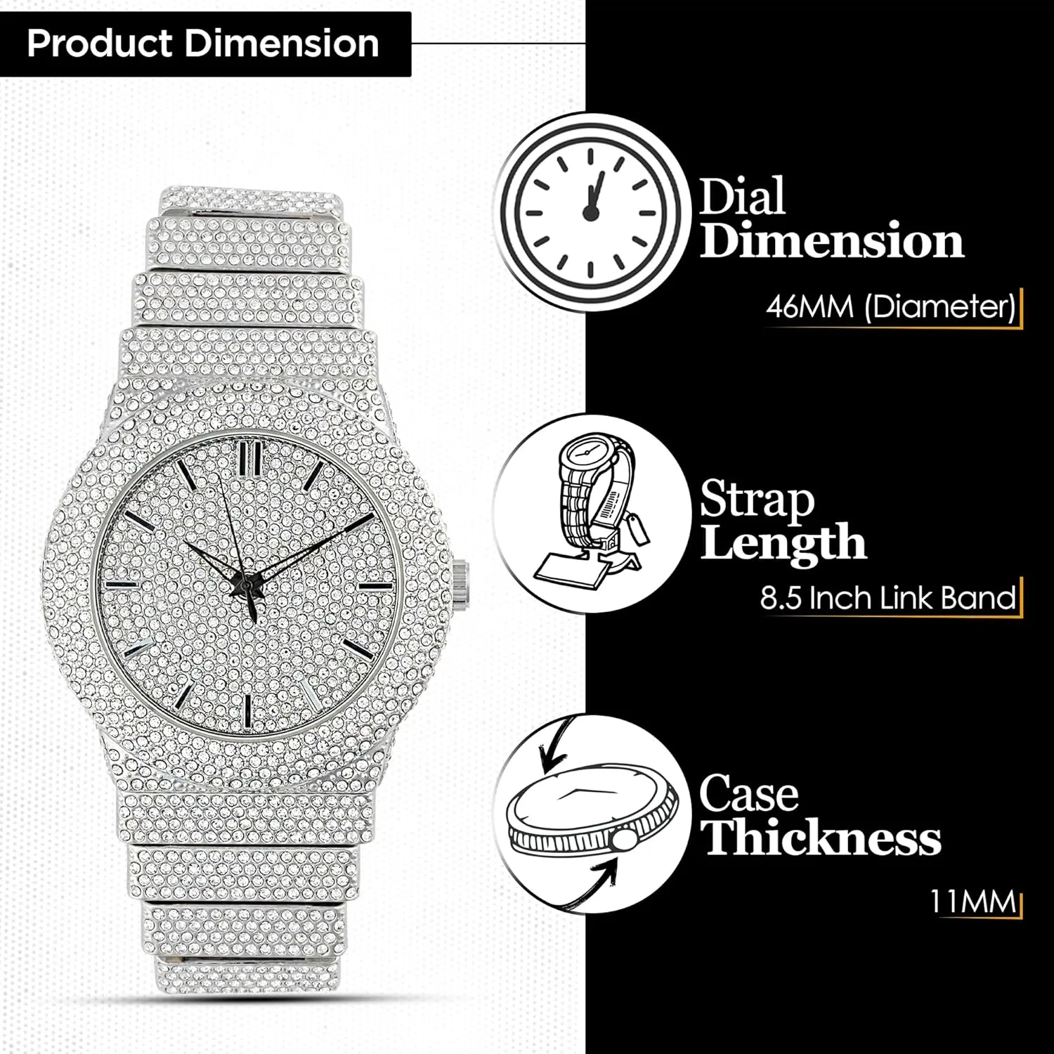 Men's 18K Gold Silver Plated Luxury Watch, 46MM Round Iced Bezel with Roman Numerals, Lab Diamonds, Quartz Movement, Gift Box Included