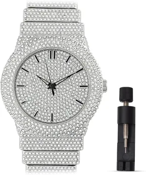 Men's 18K Gold Silver Plated Luxury Watch, 46MM Round Iced Bezel with Roman Numerals, Lab Diamonds, Quartz Movement, Gift Box Included