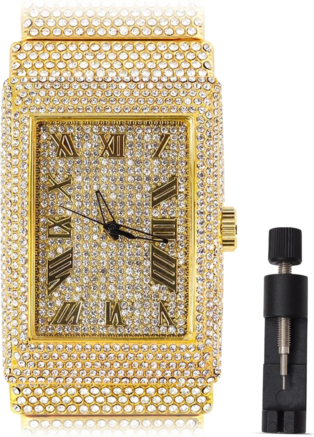 Men's 18K Gold Silver Plated Luxury Watch, Iced Bezel with Roman Numerals, Lab Diamonds, Quartz Movement, Gift Box Included