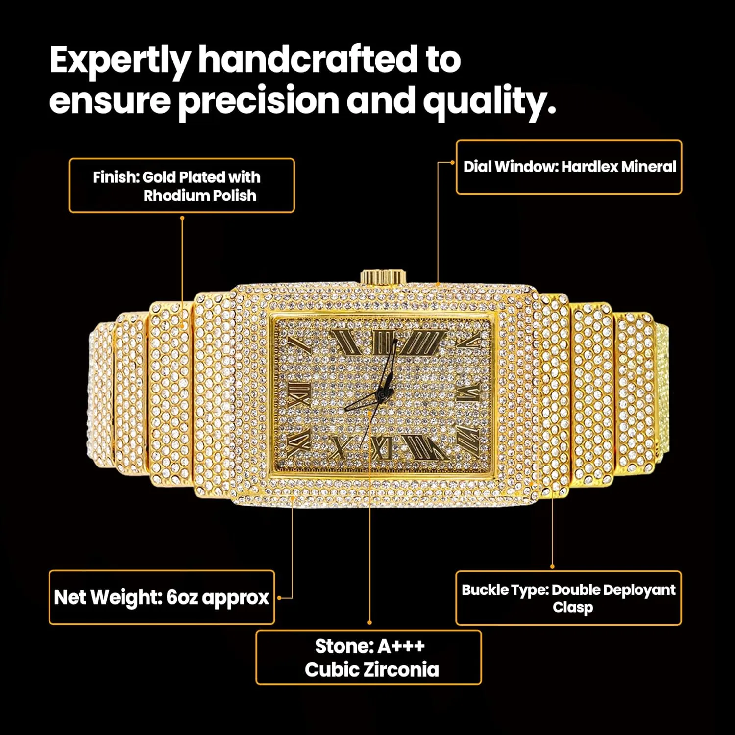 Men's 18K Gold Silver Plated Luxury Watch, Iced Bezel with Roman Numerals, Lab Diamonds, Quartz Movement, Gift Box Included
