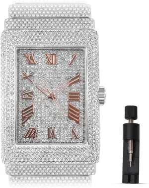 Men's 18K Gold Silver Plated Luxury Watch, Iced Bezel with Roman Numerals, Lab Diamonds, Quartz Movement, Gift Box Included