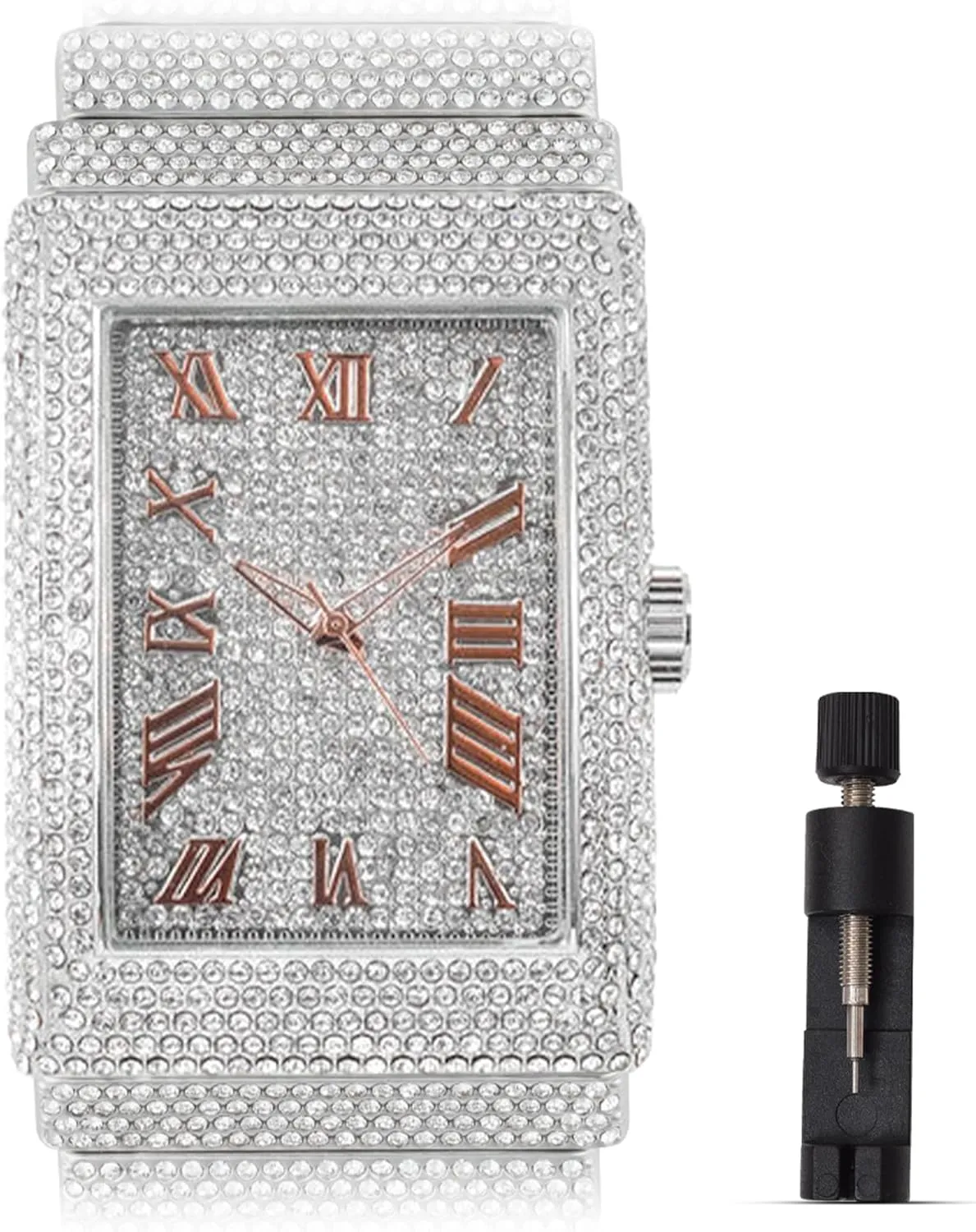 Men's 18K Gold Silver Plated Luxury Watch, Iced Bezel with Roman Numerals, Lab Diamonds, Quartz Movement, Gift Box Included