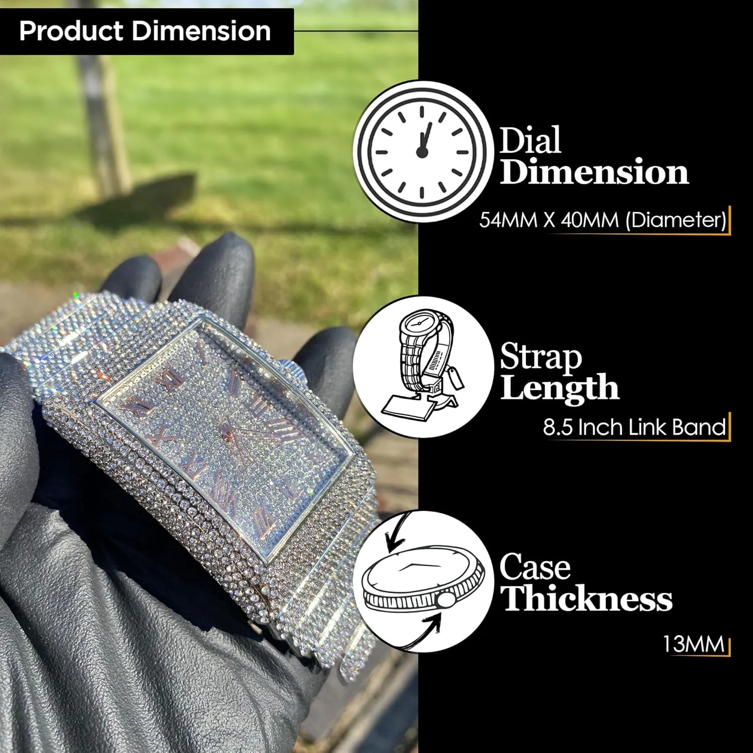 Men's 18K Gold Silver Plated Luxury Watch, Iced Bezel with Roman Numerals, Lab Diamonds, Quartz Movement, Gift Box Included
