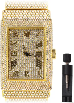 Men's 18K Gold Silver Plated Luxury Watch, Iced Bezel with Roman Numerals, Lab Diamonds, Quartz Movement, Gift Box Included