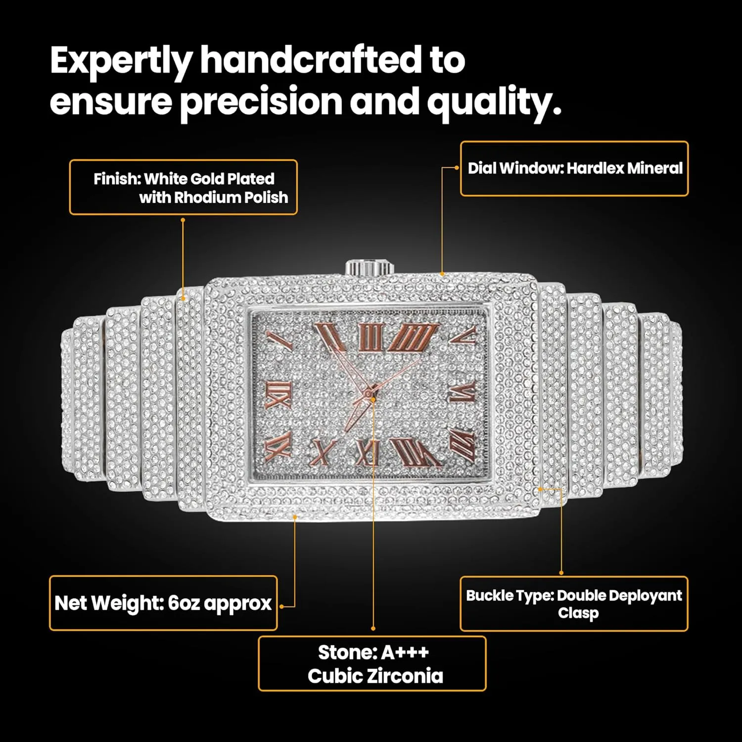 Men's 18K Gold Silver Plated Luxury Watch, Iced Bezel with Roman Numerals, Lab Diamonds, Quartz Movement, Gift Box Included