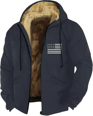 Men's Western Vintage Print Sherpa Fleece Lined Jackets Parka Warm Tactical Jackets Windbreaker Varsity Coat Hooded