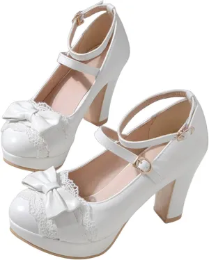 MEOTINA Cute Bow Heels Mary Janes Shoes Women Dress Platform Strappy High Heels Kawaii Shoes