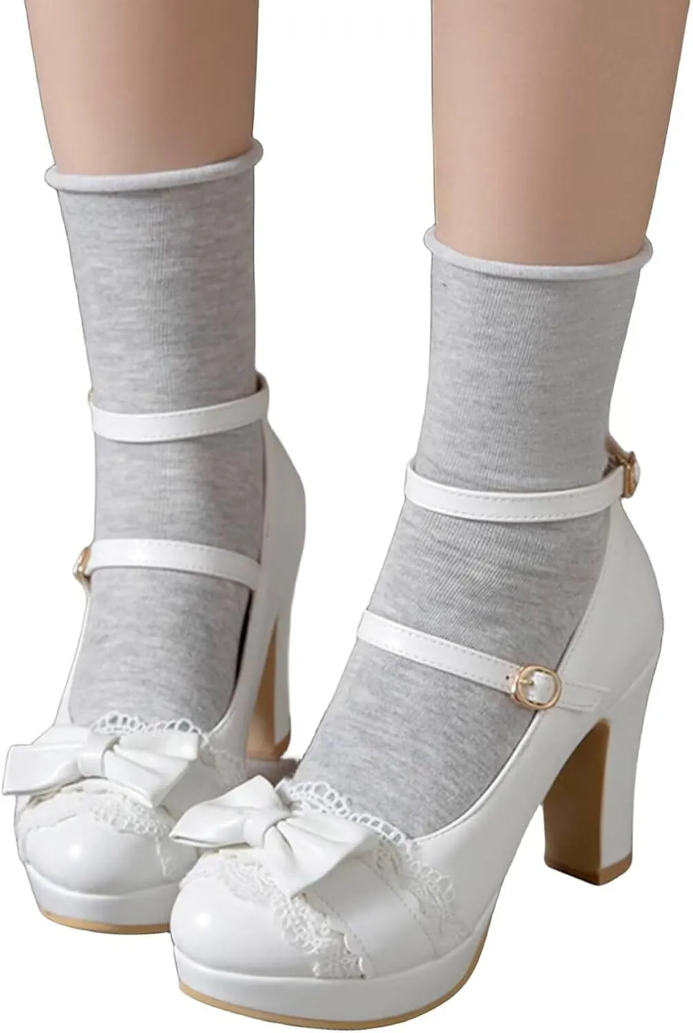 MEOTINA Cute Bow Heels Mary Janes Shoes Women Dress Platform Strappy High Heels Kawaii Shoes