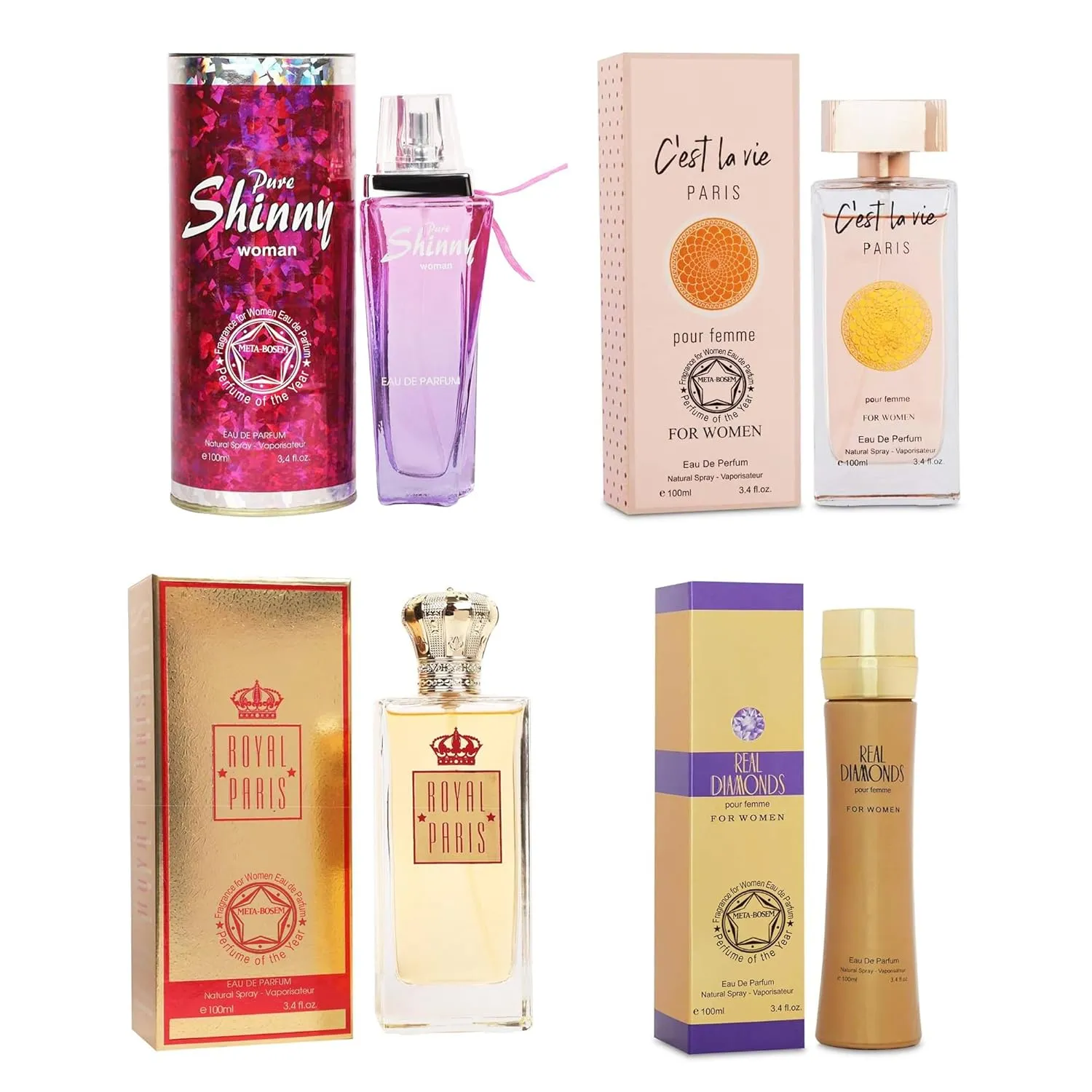 META-BOSEM Pure Shiny C'est La Vie Royal Paris Real Diamond, Fragrance for Women 4-Pc Collection Bottle, Eau de Parfum Natural Spray - Feminine Scent (Pack of 4) Each 3.4 Fl Oz, Total 13.6 Oz