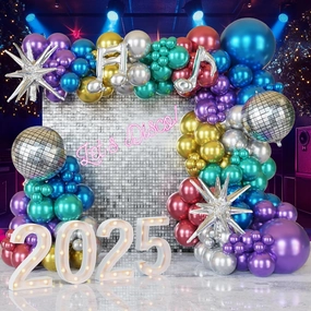 Metallic Balloon Garland Kit Disco Ball Colorful 80s 90s Retro Dance Party Chrome Decor 131Pcs in Silver, Green, Blue, Gold, Purple，Red for Bachelorette Sing Boogie Karaoke NYE Decoracion