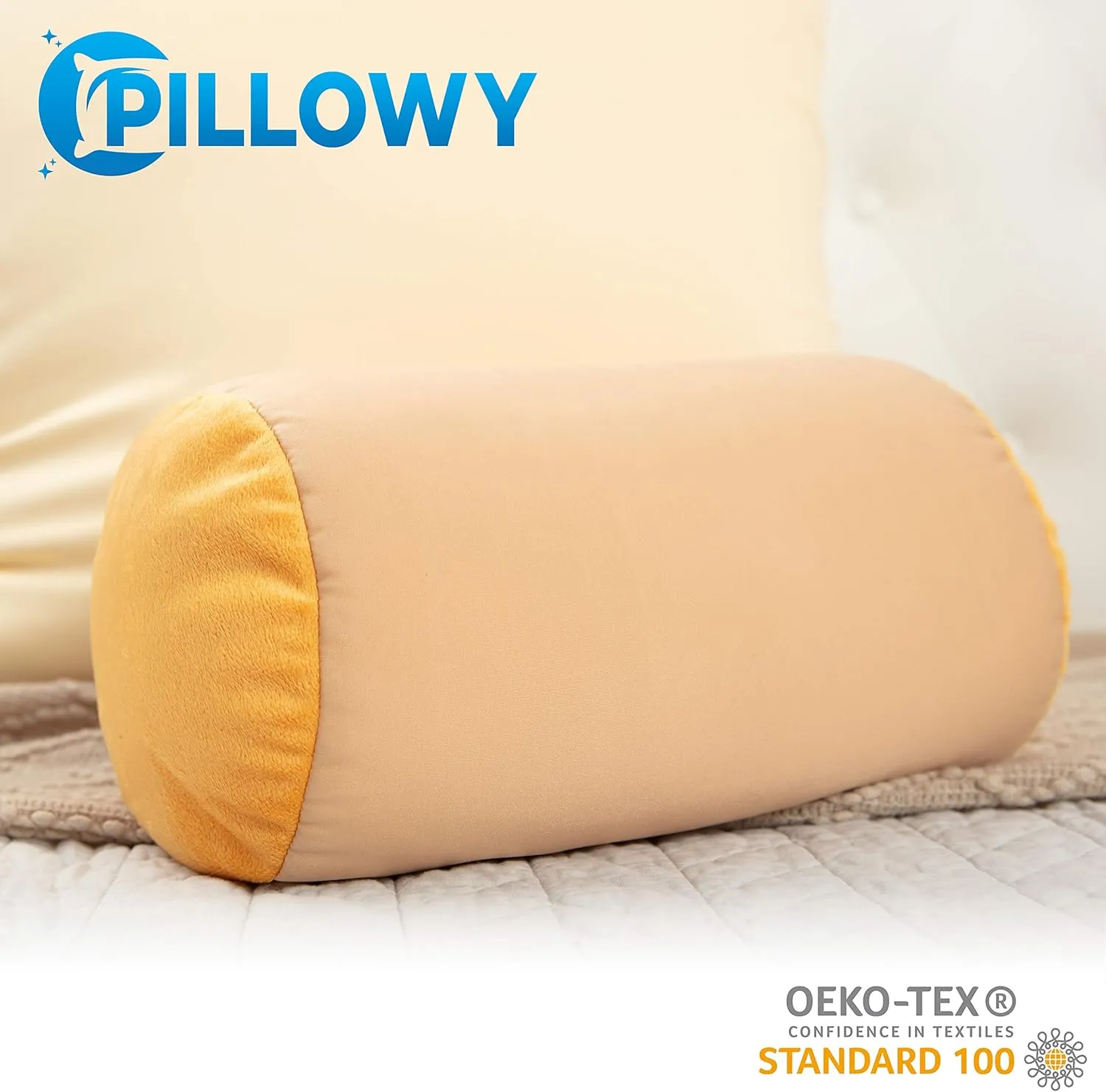 Microbead Bolster Neck Roll Pillow, Gently On Body, Head, Neck & Shoulders No Pain Rest, Relax Sleep - Silky Feel Prevent Wrinkles & Hair Breakage - Lightweight Cylinder, 14" x 8", Barely Beige