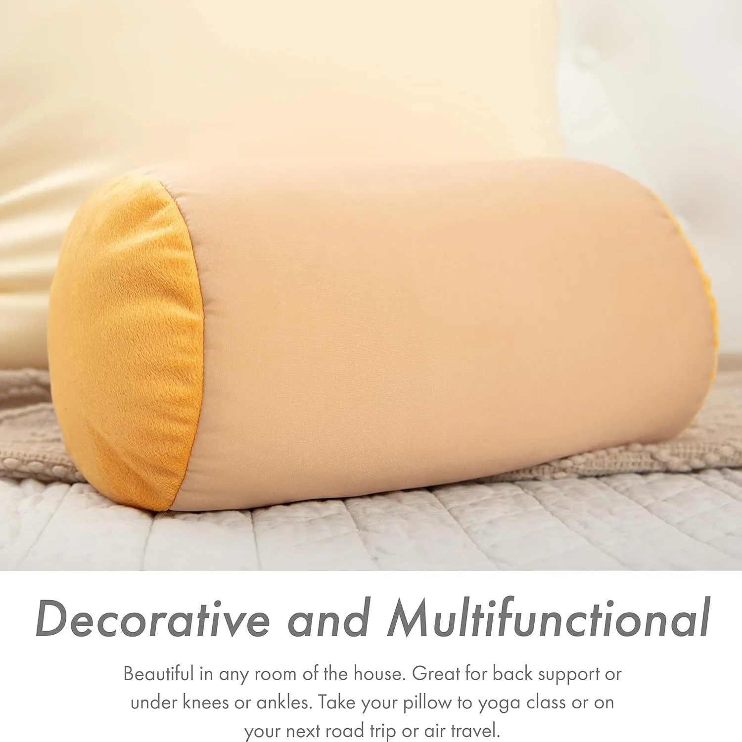 Microbead Bolster Neck Roll Pillow, Gently On Body, Head, Neck & Shoulders No Pain Rest, Relax Sleep - Silky Feel Prevent Wrinkles & Hair Breakage - Lightweight Cylinder, 14" x 8", Barely Beige