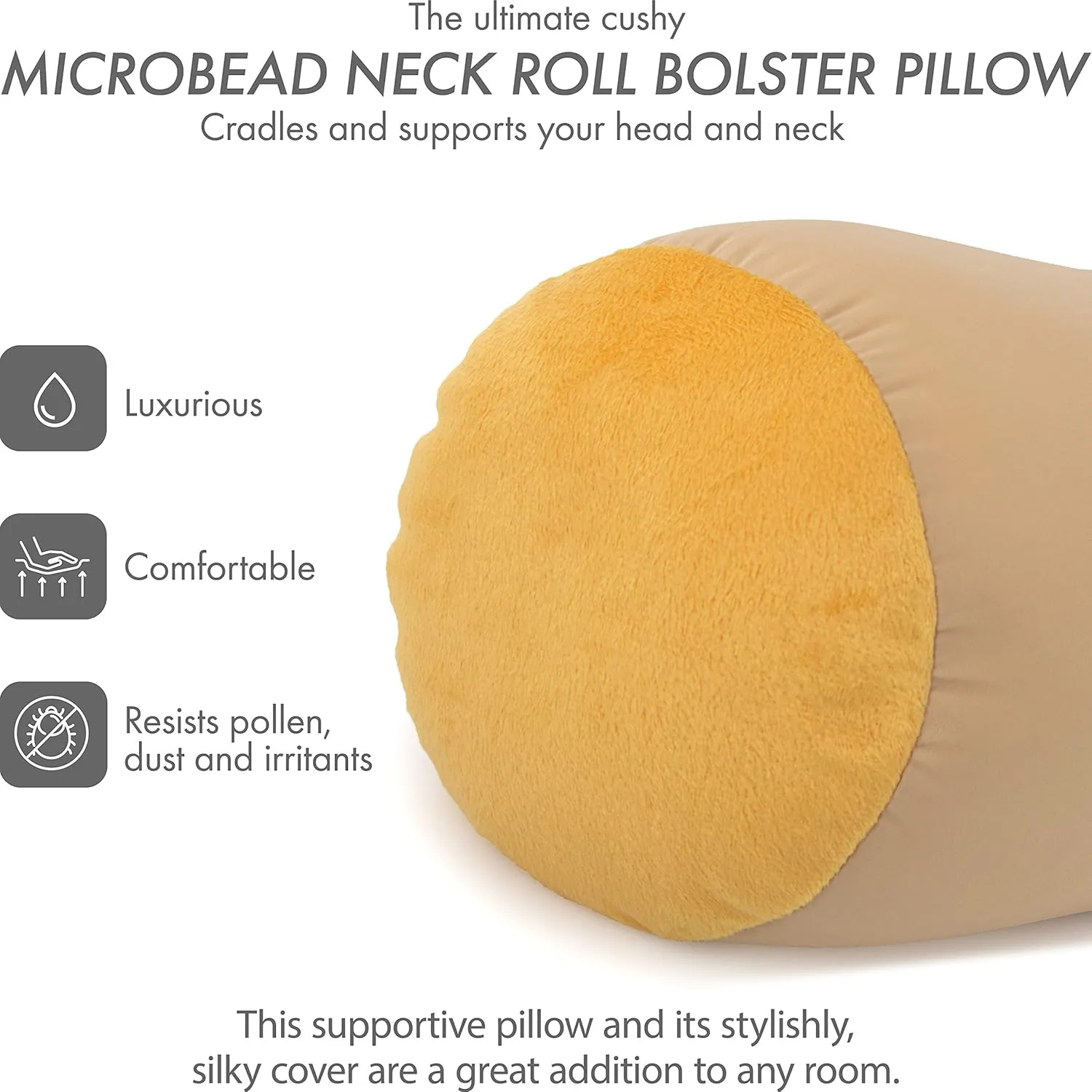 Microbead Bolster Neck Roll Pillow, Gently On Body, Head, Neck & Shoulders No Pain Rest, Relax Sleep - Silky Feel Prevent Wrinkles & Hair Breakage - Lightweight Cylinder, 14" x 8", Barely Beige