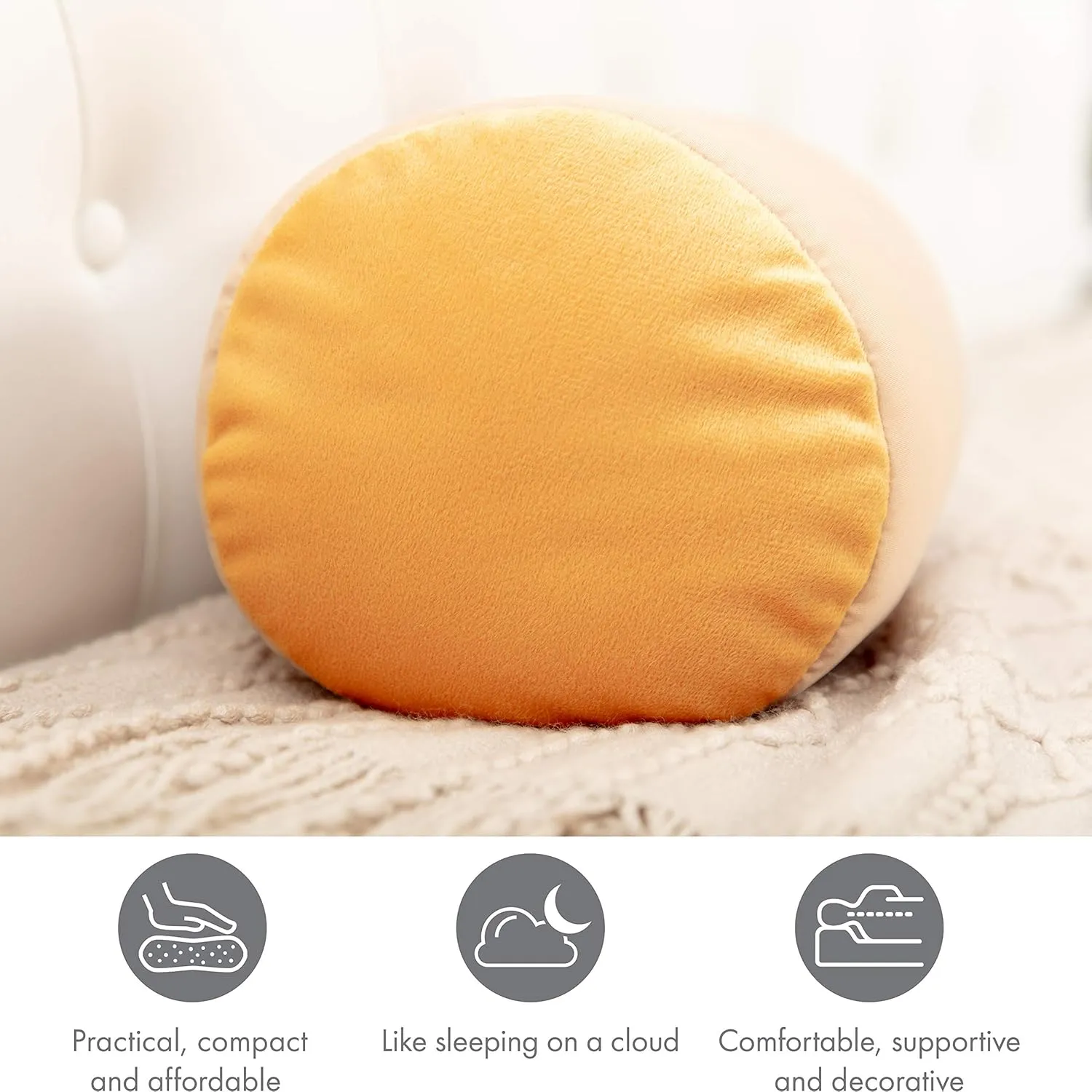 Microbead Bolster Neck Roll Pillow, Gently On Body, Head, Neck & Shoulders No Pain Rest, Relax Sleep - Silky Feel Prevent Wrinkles & Hair Breakage - Lightweight Cylinder, 14" x 8", Barely Beige