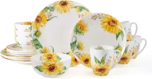 Mikasa Sunflower Bone China Lightweight Chip Resistant 16 Piece Dinnerware Set, Service for 4, Multicolor
