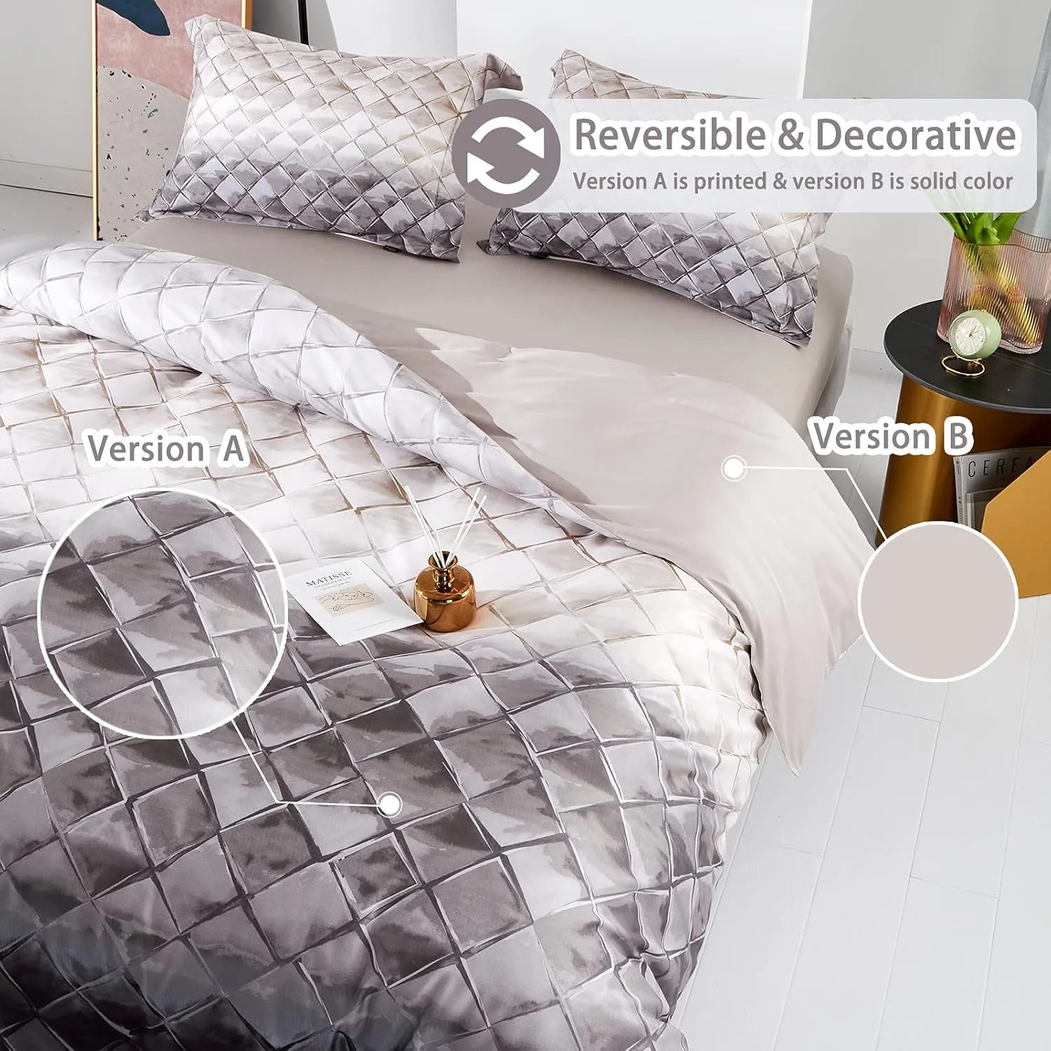MILDLY 100% Egyptian Cotton Duvet Cover King, Gray Beige Geometric Pattern Comforter Cover Set 500TC Modern Abstract Reversible Ultra Soft & Breathable Unique Design Neutral Bedding Set (No Comforter)