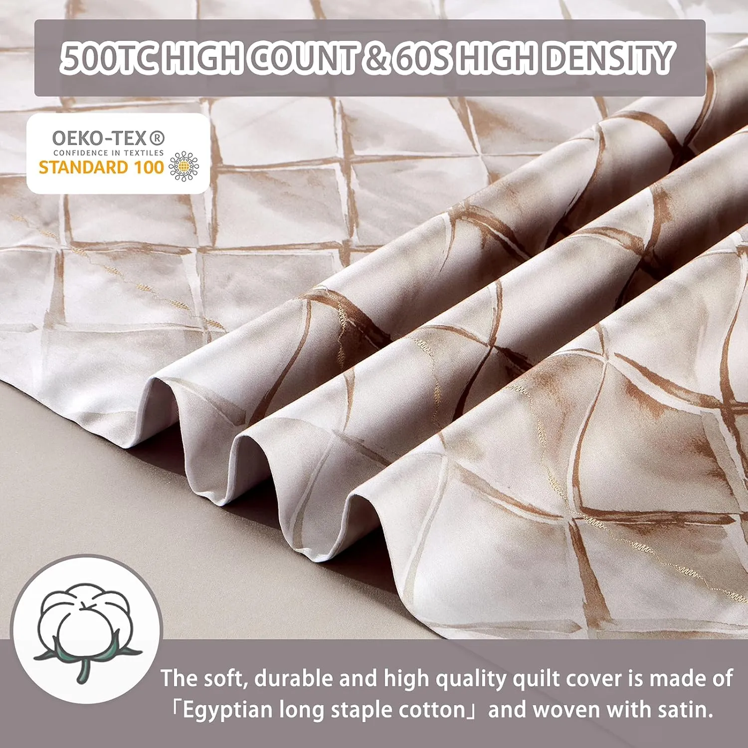 MILDLY 100% Egyptian Cotton Duvet Cover King, Gray Beige Geometric Pattern Comforter Cover Set 500TC Modern Abstract Reversible Ultra Soft & Breathable Unique Design Neutral Bedding Set (No Comforter)